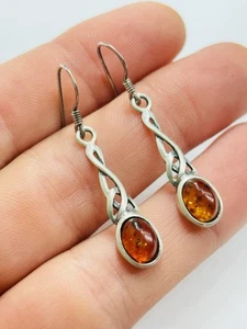 Small celtic style silver and amber earrings-40 mm - Picture 1 of 3