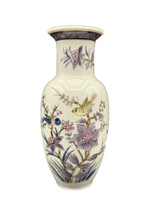 Andrea Sadek Hand Painted Crackled Glaze Bird on Lavender Flower Branches Vase - Picture 1 of 12