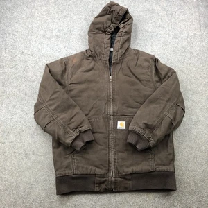 Carhartt Jacket Boys Large Brown Hooded Full Zip Workwear Quilt Lined Distressed - Picture 1 of 11