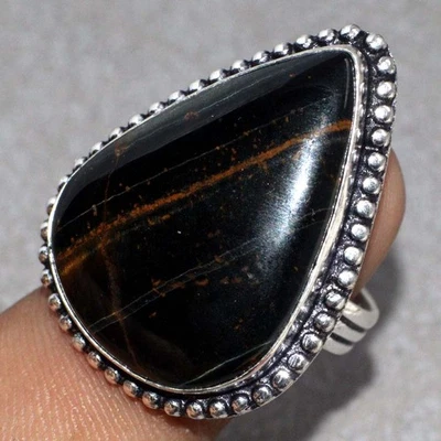 925 Silver Plated Black Tiger Eye Ethnic Ring Handmade Size US 7.5 AU j679 - image 1 of 3