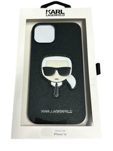 KARL LAGERFELD CUSTODIA NERA EFFETTO PELLE PER IPHONE 14 TESTA KARL IN RILIEVO - Picture 1 of 5
