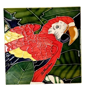 Handmade Ceramic Tile 3D Wall Art Red Parrot McCaw Colorful 8" x 8" - Picture 1 of 5