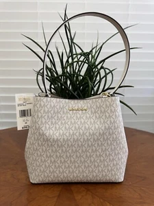 Bolso tipo cubo de hombro mediano Michael Kors Pratt logotipo de firma crema claro MK - Imagen 1 de 8