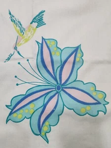 Vintage 70er Martex Kolibri Blume Kissenbezug Set 2 blau rosa grün Schlafzimmer - Bild 1 von 14