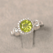 925 Sterling Silver Natural Peridot Round Cut Halo Solitaire Ring