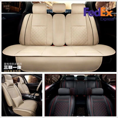 Comfortable Beige PU Leather 5-Seats Car Seat Cover Protector Cushion＋4x Pillows Foto 1 de 4