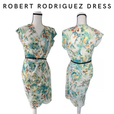 Robert Rodriguez Dress Medium S Floral Print Faux Wrap Draped Cap Sleeves - Imagem 1 de 4
