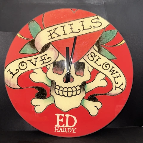 ED HARDY Clock Red Glass  Love Slowly Kills Skulls Cross Bones Works small flaw Cover