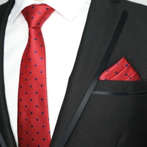 Cravate Poche Carré Ensemble Rouge Bleu à Pois Fait Homme Habillé Mariage - Picture 1 of 7