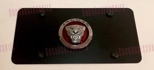 3D Jaguar Red Emblem Stainless Steel Front Black License Plate W/ Caps - Picture 1 of 3
