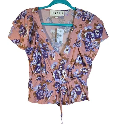 HIATUS Mauve Floral Wrap Front Tie Waist Flutter Sleeve Top Size Large - Image 1 of 4