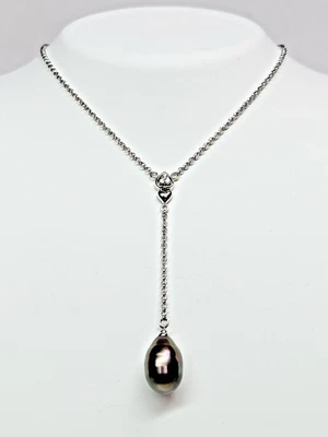 HERMOSO COLLAR LARIAT GOTA CON DETALLES DE DIAMANTES Y PERLAS DE Tahití de oro blanco de 14k Foto 1 de 4