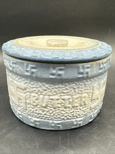 Antiker Buttertopf aus Salzglasur Steinzeug wirbelnde Stämme indisches Friedensmuster - Bild 1 von 13