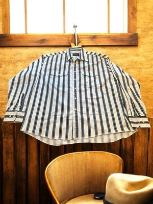 Vintage Wrangler Brushpopper Button Up Shirt Striped X Long Tails 17 1/2-36 Tall - Image 1 of 4