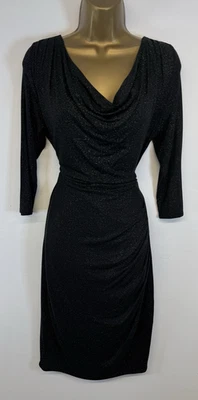 Kettlewell Dress Black Sparkly Jersey Cowl Neck Lined 3/4 Sleeve UK S 8/10 - Image 1 of 4