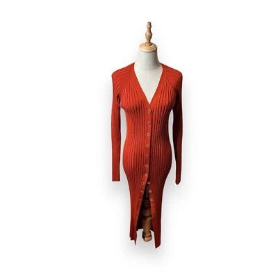 Vestido Cárdigan Dion Lee Merino Naranja Óxido Marrón Acanalado Tejido Talla US 8 Foto 1 de 4