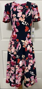 NWT Calvin Klein size 4 navy pink floral short sleeve fit & flare dress $134 - Picture 1 of 9