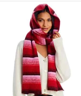 AQUA Womens Scarf Red Stripe Ombre Hooded Wrap Around Heavy Chunky Knit $109 - Image 1 of 4