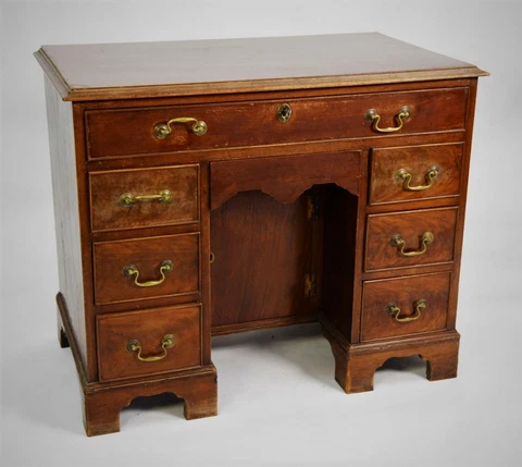 LOVELY GEORGIAN MAHOGANY KNEE HOLE DESK WITH BRASS HANDLES - CUPBOARD UNDER Cover