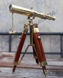 Vintage Solid Brass Telescope With Wooden Tripod Nautical Navy Ship Telescope  - Picture 1 of 12