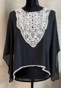 Umgee weiß Spitze vorne transparent schwarz Bluse Top Größe Medium 3/4 Ärmel ausgestellt Boho - Bild 1 von 8