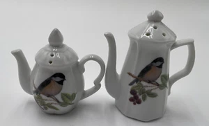 Porcelain Chickadee Bird Salt Pepper Shakers Set Of 2 Teapots - Picture 1 of 5