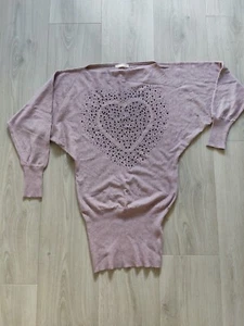 Mauve-pink Stretch Knit Jumper Top Heart Gems & Ribbed Hem Cuffs 8/10/12 - Picture 1 of 9