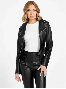 NUEVO CON ETIQUETAS Jackson GUESS Negro PU Vegano Cuero Delgado Recortado Motocicleta Chaqueta M Mujeres - Imagen 1 de 7