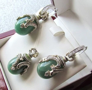 JADE EARRINGS & PENDANT SET HANDMADE RUSSIAN SOLID STERLING SILVER 925 - Picture 1 of 7