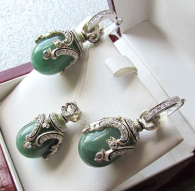JADE EARRINGS & PENDANT SET HANDMADE RUSSIAN SOLID STERLING SILVER 925  - Image 1 of 4