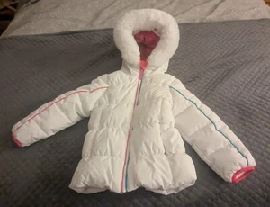 Snozu Girls Puffer Jacket White Pink Lining Faux Fur Trim Size 5 - Picture 1 of 11