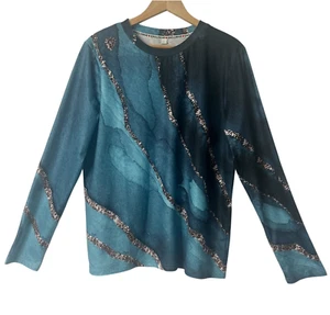 Exclusive Heart Long Sleeve Shirt Round Neck Pullover Blue Ocean Beach Scene - Picture 1 of 10
