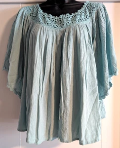 Anthropologie Womens Boho Top Crochet Lace Neckline Flowing Turquoise - Sz M - Picture 1 of 8