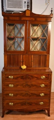1860s English Sheraton Mahogany secretary desk hutch display cabinet bookcase - Image 1 of 4