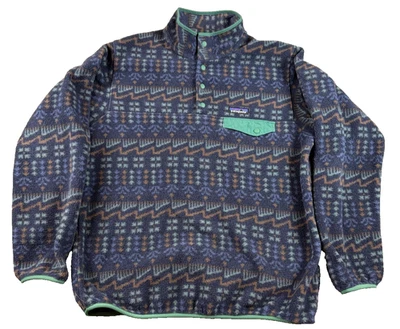 Vtg Patagonia Synchilla Snap-T Fleece Pullover L Aztec Pattern Mint Trim - Image 1 of 4