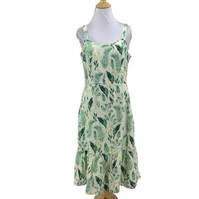 C&C California Dress Womens 8 Linen Floral Leaf Smocked Back Sleeveless Flounce - Image 1 of 4