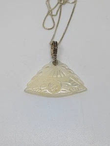 Sterling Silver 925 Carved Jade Fan Pendant Necklace 18" - Picture 1 of 5