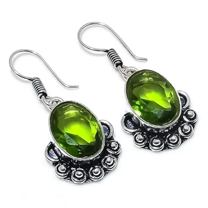 Green Peridot Gemstone Handmade 925 Sterling Silver Jewelry Earring Size 1.3" - Picture 1 of 1