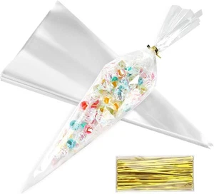 100 PCS Cone Shaped Treat Bags, Clear 1 Count (Pack of 100), Transparent - Picture 1 of 7