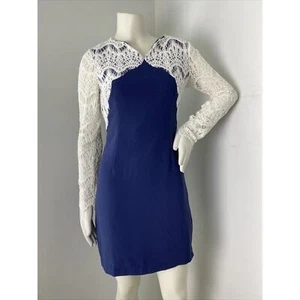 Esley Women's Blue Ivory Lace Long Sleeve Split Neck Mini Sheath Dress S NWT - Picture 1 of 8