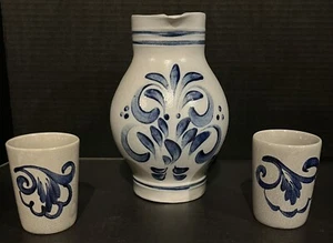 Vtg Salt Glazed Pottery Pitcher And 2 W. Germany Drinking Cups Blue Gray **READ - Picture 1 of 14