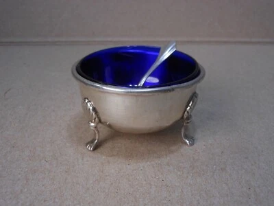 Vintage Footed Sterling Silver Open Salt Cellar w/ Cobalt Insert and Spoon - Image 1 of 4