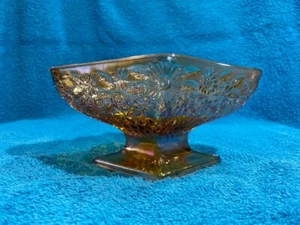 Vintage Iridescent Amber/Gold Floral Glass Dish - Diamond Shaped Pedestal - Picture 1 of 23
