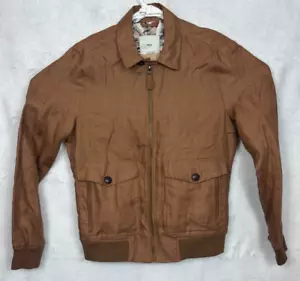 MNG Mango Men Small Bomber Full Zip Jacket 100% Linen Brown Floral lined Pockets - Picture 1 of 8