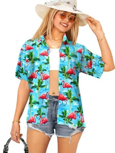 HAPPY BAY Women's Button Down Blouses Casual Summer L Palm Flamingos, Blue - Picture 1 of 3