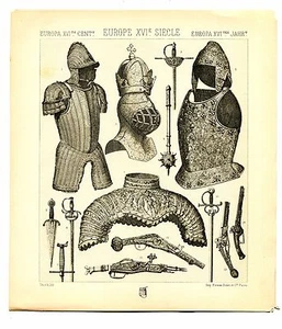Antique Print Litho 16th C. ARMS & ARMOR OF EUROPE 1888 Le Costume Historique - Picture 1 of 3