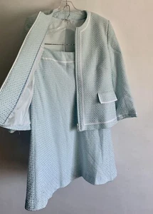 KLASS BLUE & WHITE TWEED LONG SLEEVES JACKET/ BLAZER SKIRT SUIT SET CO-ORD SZ:14 - Picture 1 of 24