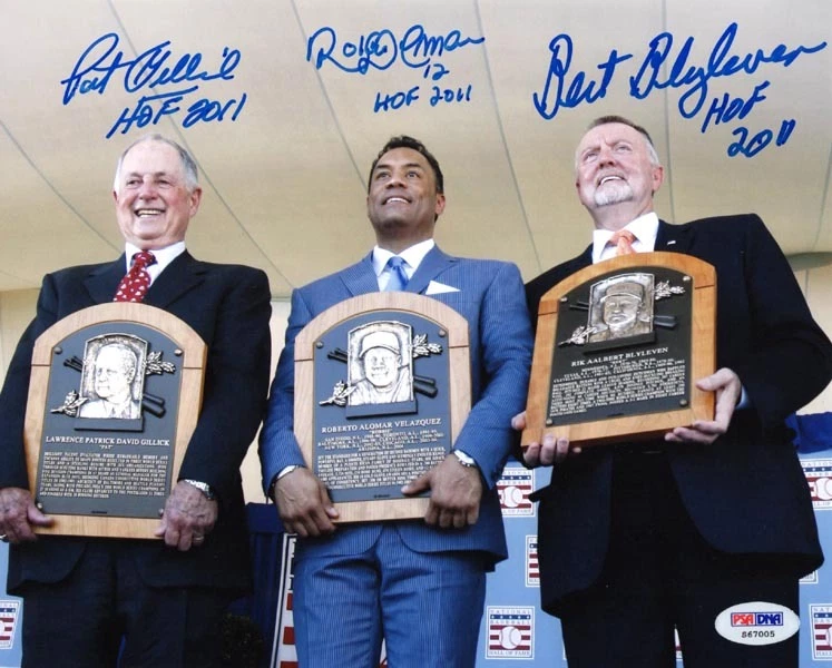 PAT GILLICK & ROBERTO ALOMAR & BERT BLYLEVEN SIGNED 8x10 PHOTO +HOF 2011 PSA/DNA - Image 1 of 2