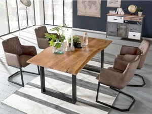 Tischgruppe Clinton Esstisch 170x90 Baumkante + 4x Stuhl braun Metall schwarz - Bild 1 von 9