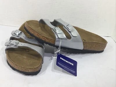 Birkenstock Women’s Sz 7 EU 38 Narrow Ibiza Silver Double Strap Sandals Y23-483 - Image 1 of 4